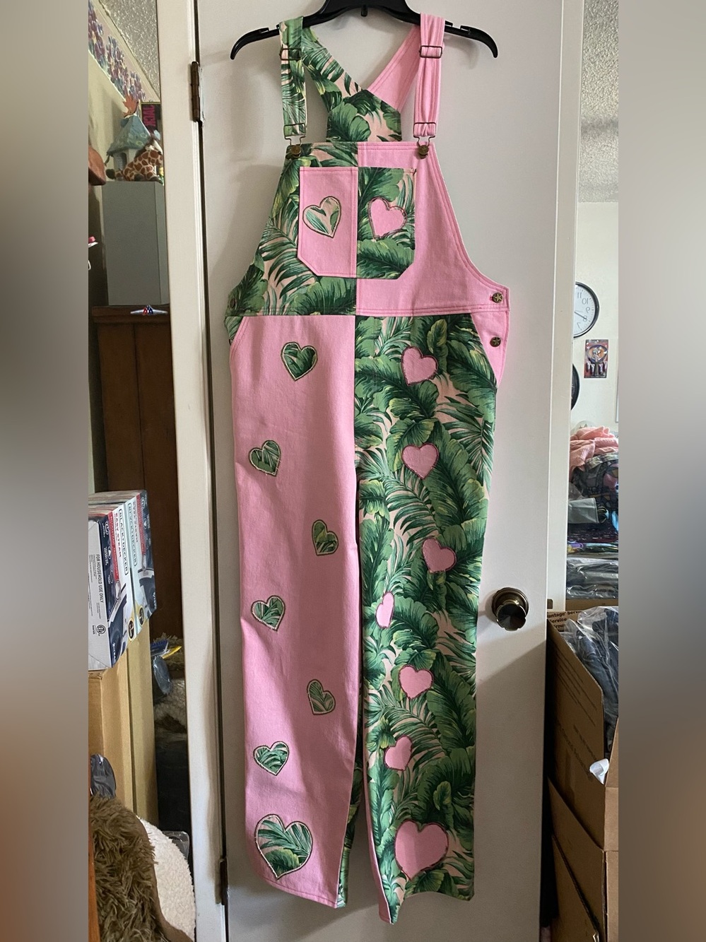 Women’s homemade Pink & Green Heart Patch Palm-Print Overalls